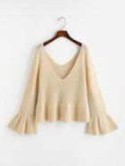 Romwe Double V Neck Fluted Sleeve Jumper