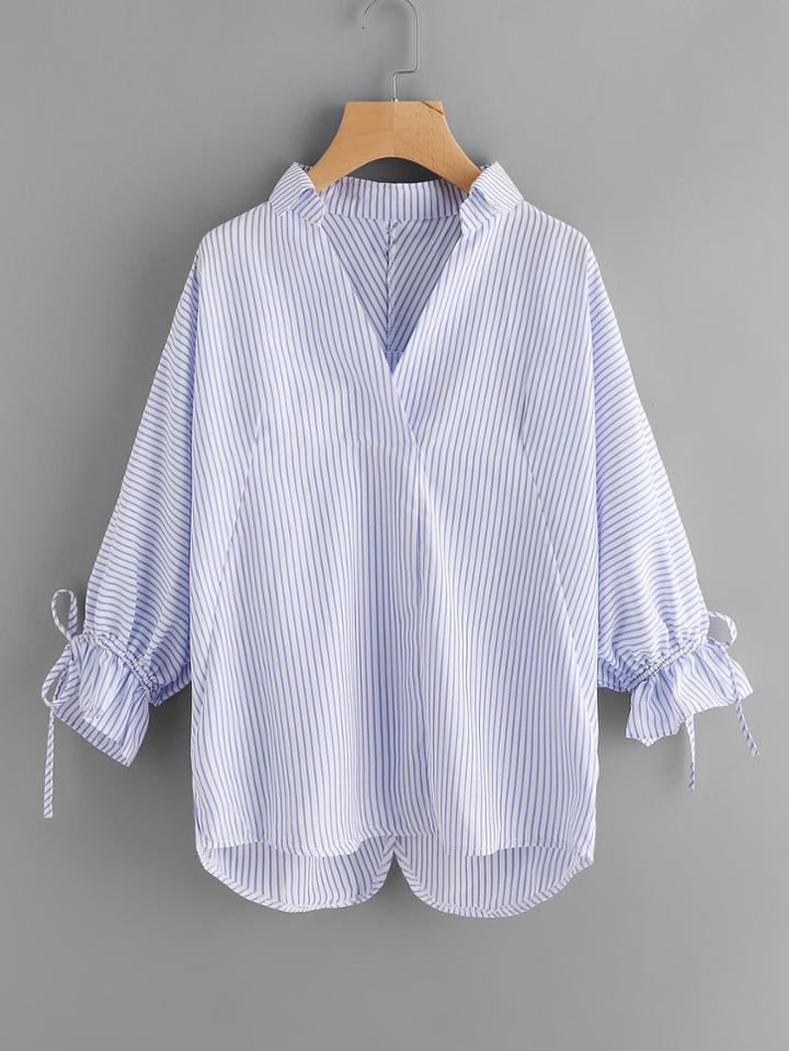 Romwe Striped Drawstring Cuff Blouse