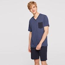 Romwe Guys Buttoned Pocket Heather Knit Tee & Shorts Pj Set