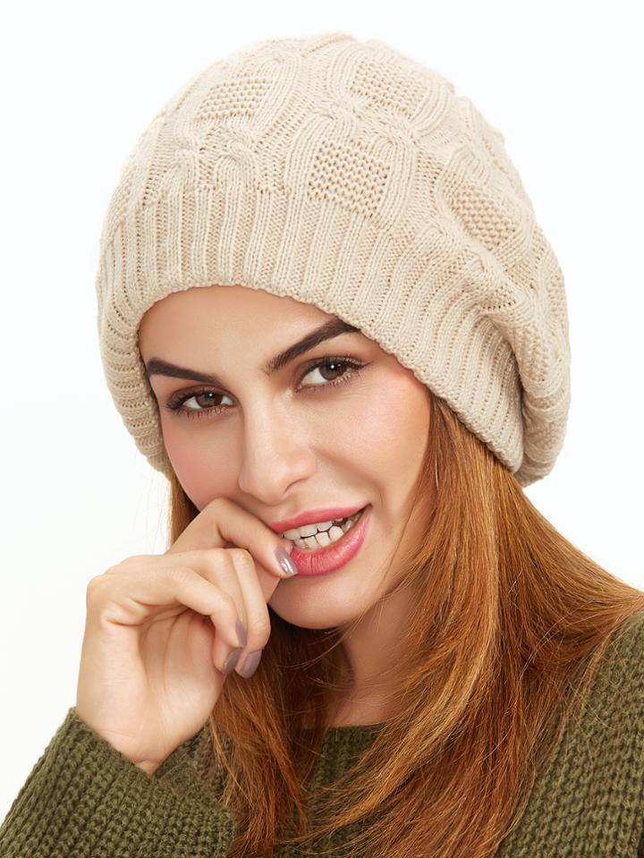 Romwe Beige Cable Textured Knit Beanie Hat