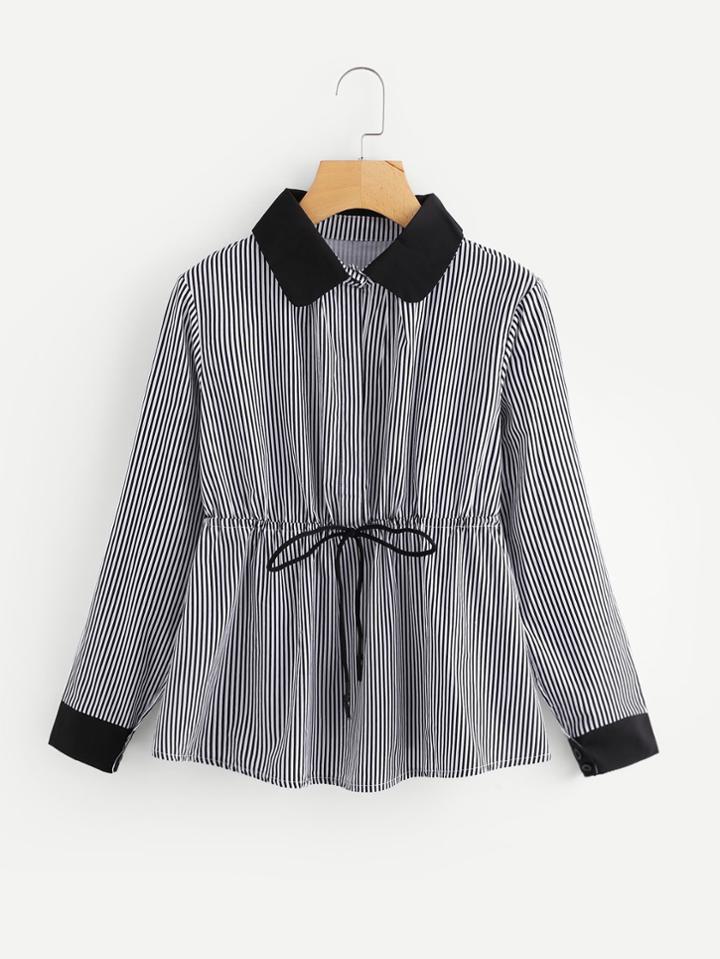 Romwe Contrast Trim Drawstring Waist Striped Top