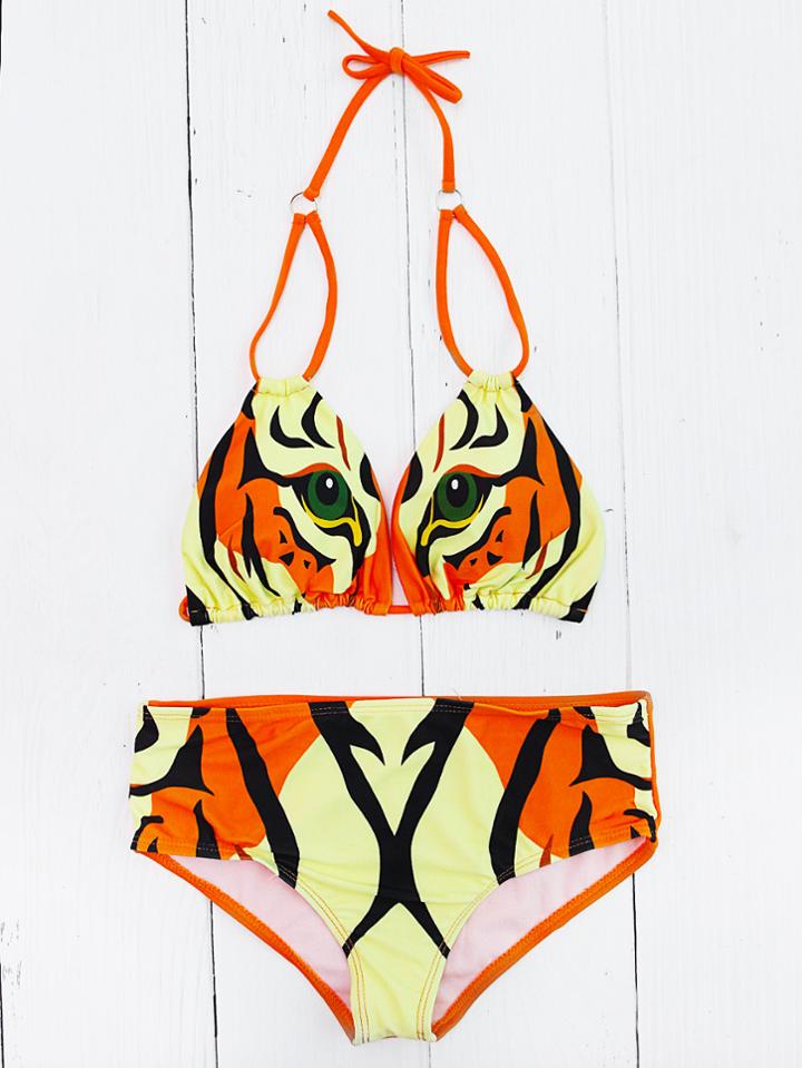 Romwe Tiger Print Halter Bikini Set