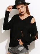 Romwe Black V Neck Drop Shoulder Ripped Sweater