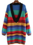 Romwe Deep V Neck Dropped Shoulder Seam Striped Sweater Dress