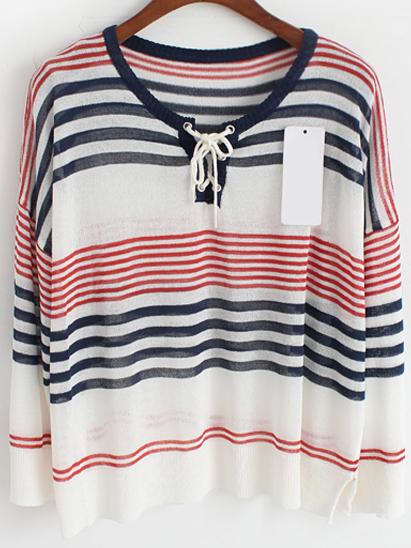 Romwe Striped Lace Up Red Sweater