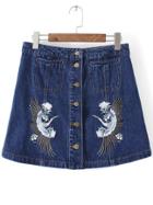 Romwe Blue Crane Embroidery Button Denim Skirt