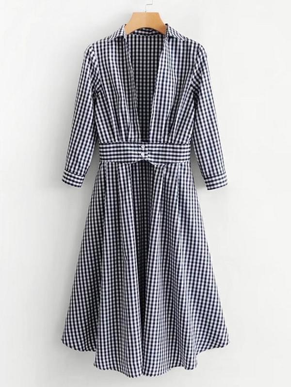 Romwe Plunge Neck Gingham Shirt Dress