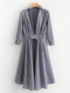 Romwe Plunge Neck Gingham Shirt Dress