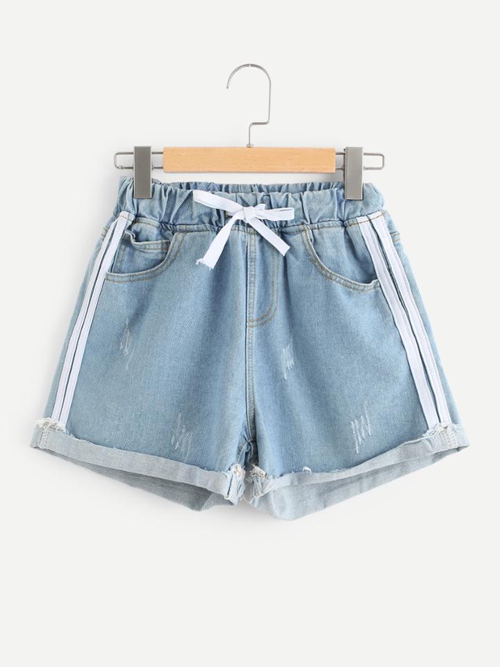 Romwe Drawstring Waist Roll Up Hem Denim Shorts