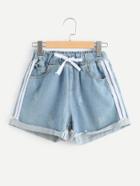 Romwe Drawstring Waist Roll Up Hem Denim Shorts