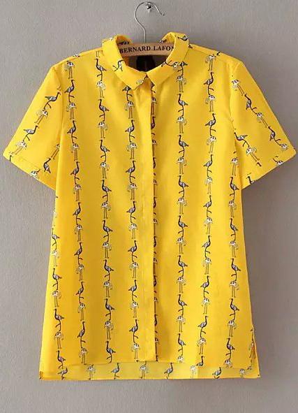 Romwe Lapel Crane Print Blouse
