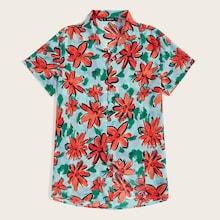 Romwe Guys Flower Print Revere Collar Shirt