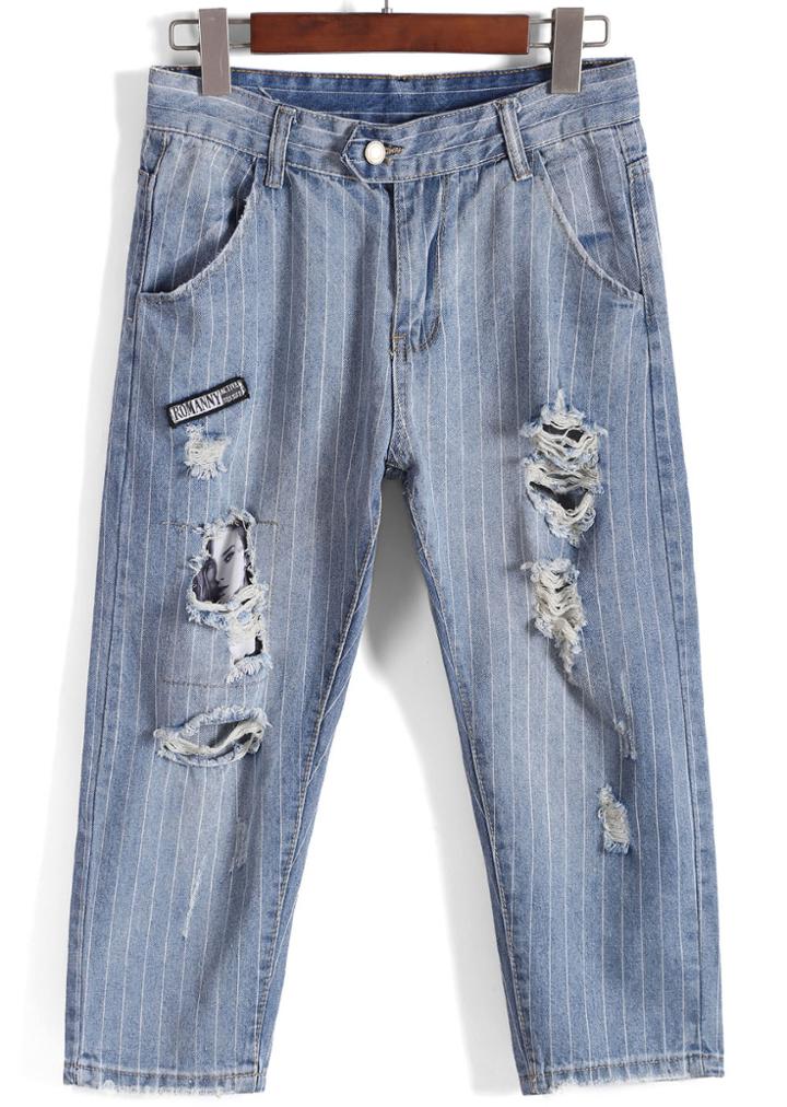 Romwe Ripped Vertical Striped Denim Pant