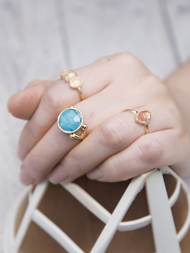 Romwe Gold Plated Gemstone Detail Ring Set 3pcs