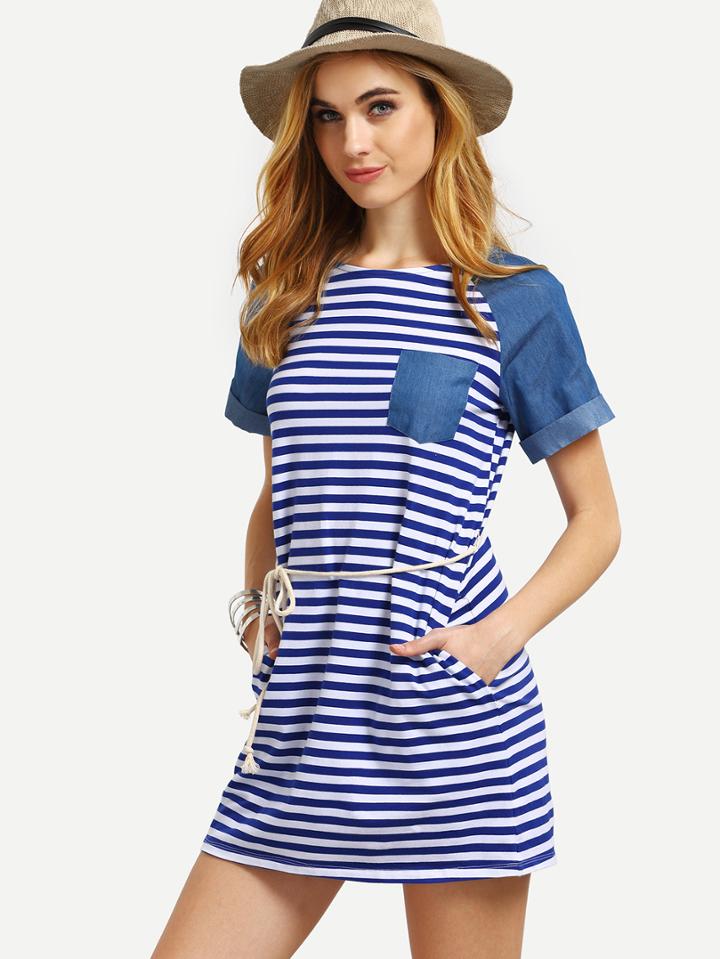 Romwe Multicolor Striped Pocket Short Sleeve Dress With Belt