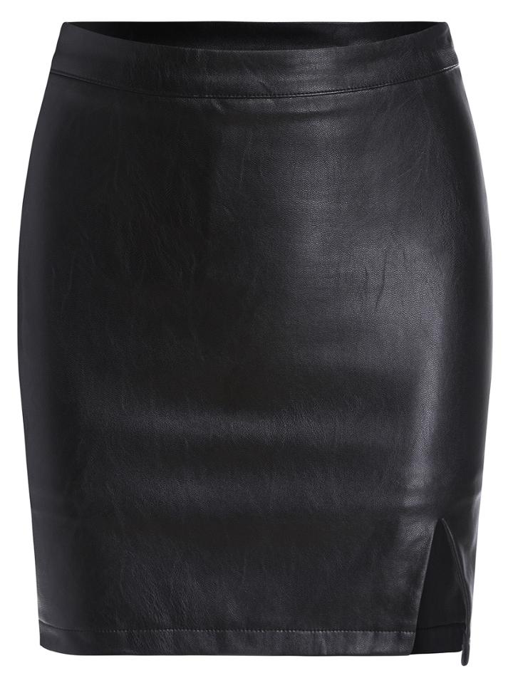 Romwe Slit Pu Bodycon Black Skirt