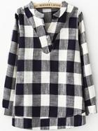 Romwe V Neck Plaid Navy Blouse