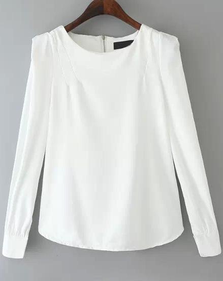 Romwe White Long Sleeve Zipper Slim Blouse