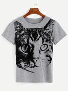 Romwe Heather Grey Cat Print T-shirt
