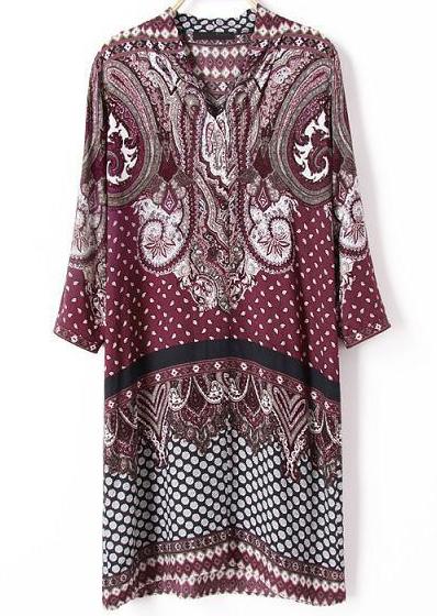 Romwe Red Long Sleeve Vintage Cashews Print Dress