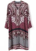 Romwe Red Long Sleeve Vintage Cashews Print Dress