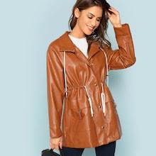 Romwe Waist Drawstring Button & Pocket Up Coat