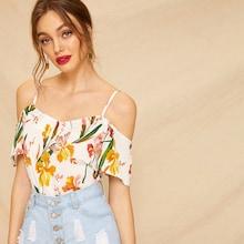 Romwe Cold Shoulder Floral Print Blouse