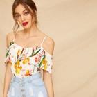 Romwe Cold Shoulder Floral Print Blouse