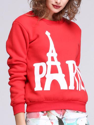 Romwe Round Neck Letter Print Red Sweatshirt