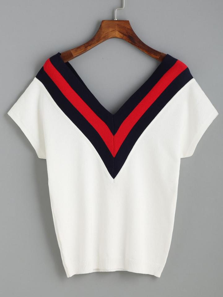 Romwe White Double Striped V Neck Knit T-shirt