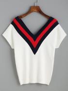 Romwe White Double Striped V Neck Knit T-shirt