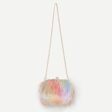 Romwe Kiss Lock Faux Fur Chain Crossbody Bag