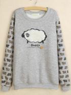 Romwe Round Neck Sheep Embroidered Grey Sweatshirt