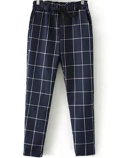 Romwe Elastic Waist Drawstring Plaid Blue Pant