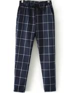 Romwe Elastic Waist Drawstring Plaid Blue Pant