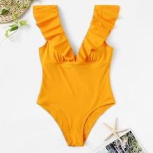 Romwe Ruffle Plunge Neck One Piece Swimsuit