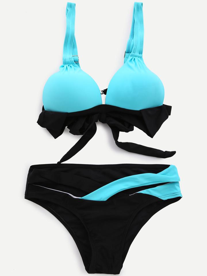 Romwe Contrast Panel Halter Strappy Bikini Set