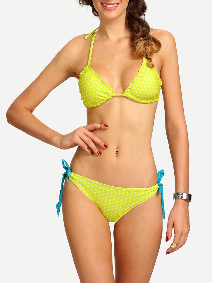Romwe Shirred Polka Dot Print Side-tie Bikini Set - Yellow