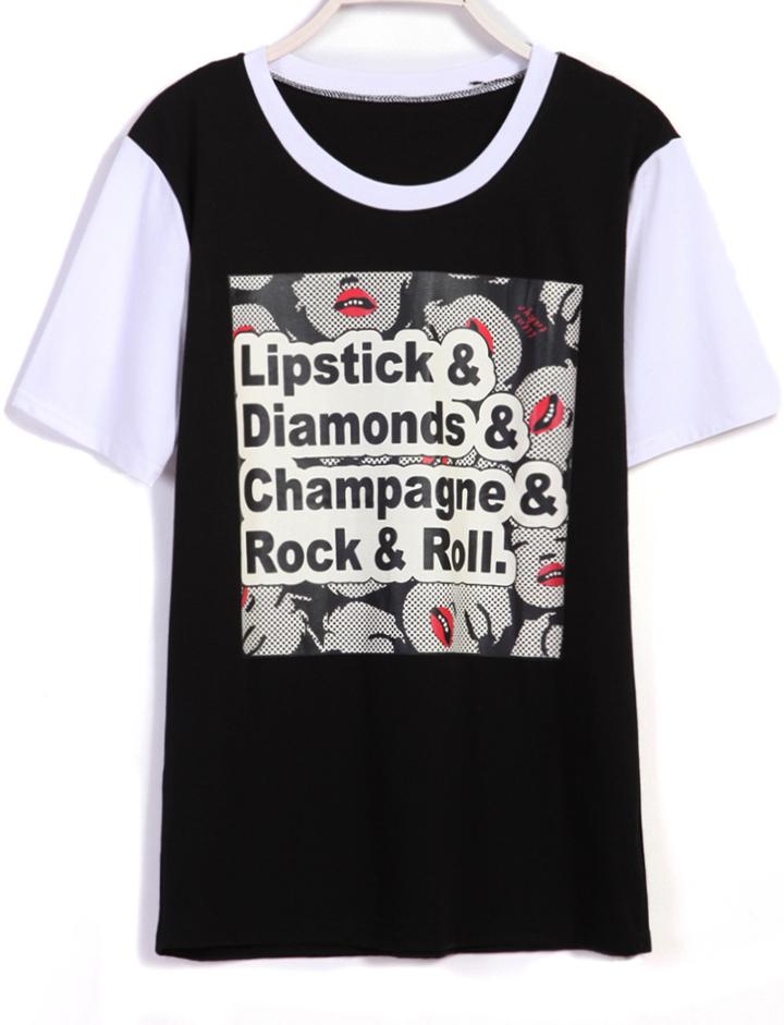 Romwe Contrast Short Sleeve Lipstick Print T-shirt