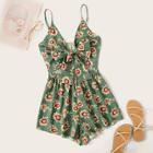 Romwe Floral Print Tie Front Cami Romper