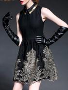 Romwe Black Lapel Sleeveless Embroidered Dress