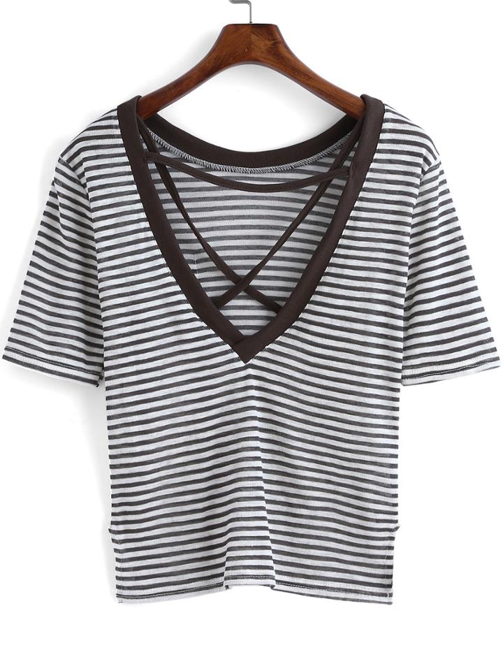 Romwe Criss Cross Back Striped T-shirt