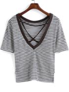 Romwe Criss Cross Back Striped T-shirt