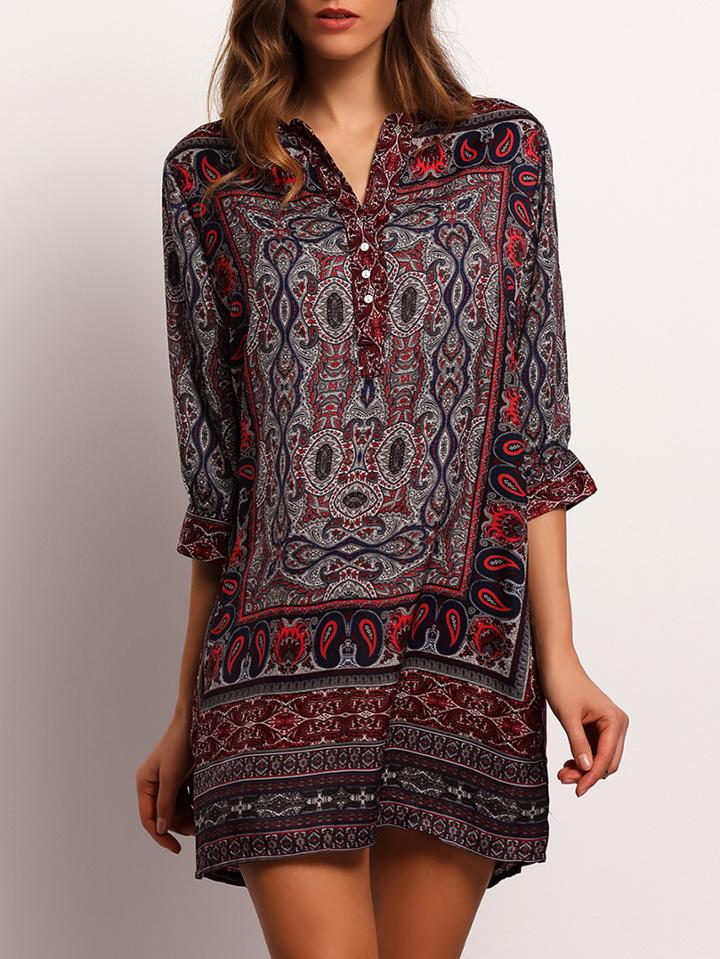 Romwe Multicolor V Neck Tribal Print Shirt Dress