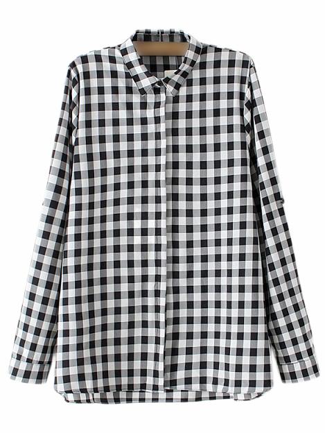 Romwe Black White Buttons Front Split Side Plaid Blouse