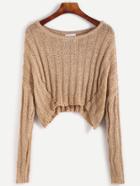 Romwe Khaki Drop Shoulder Hollow Out Crop Sweater