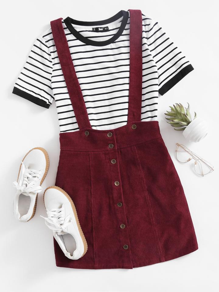 Romwe Button Up Cord Pinafore Skirt