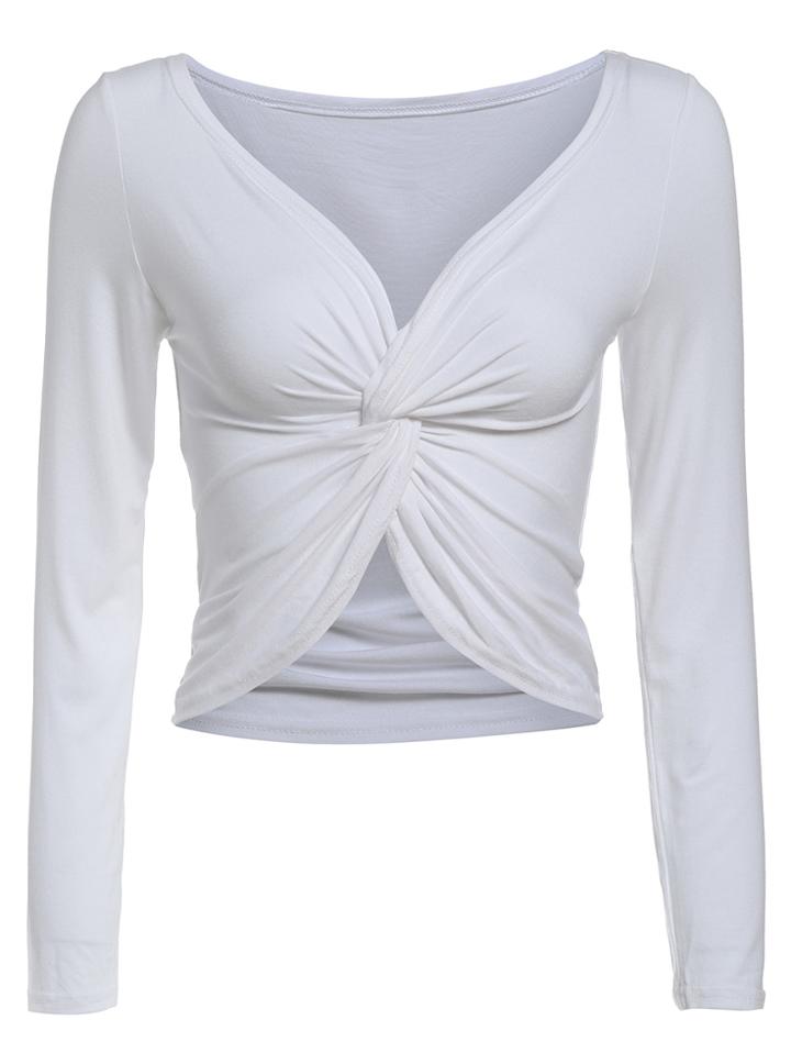 Romwe V Neck Pleated Crop T-shirt