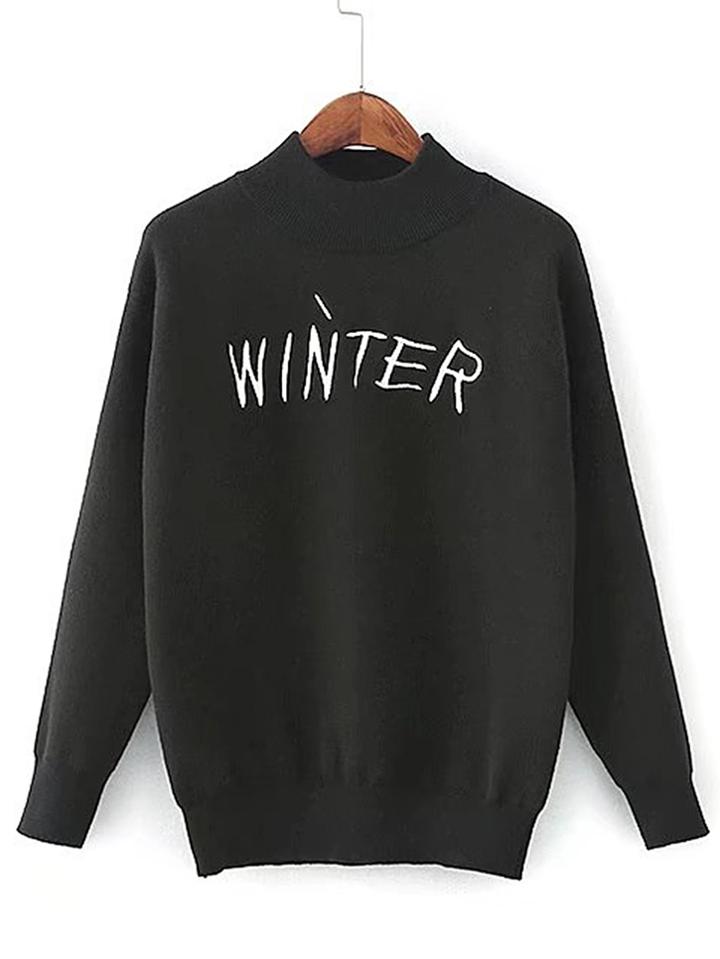 Romwe Mock Neck Letter Embroidery Sweater