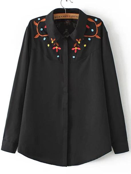 Romwe Lapel Long Sleeve Embroidered Blouse